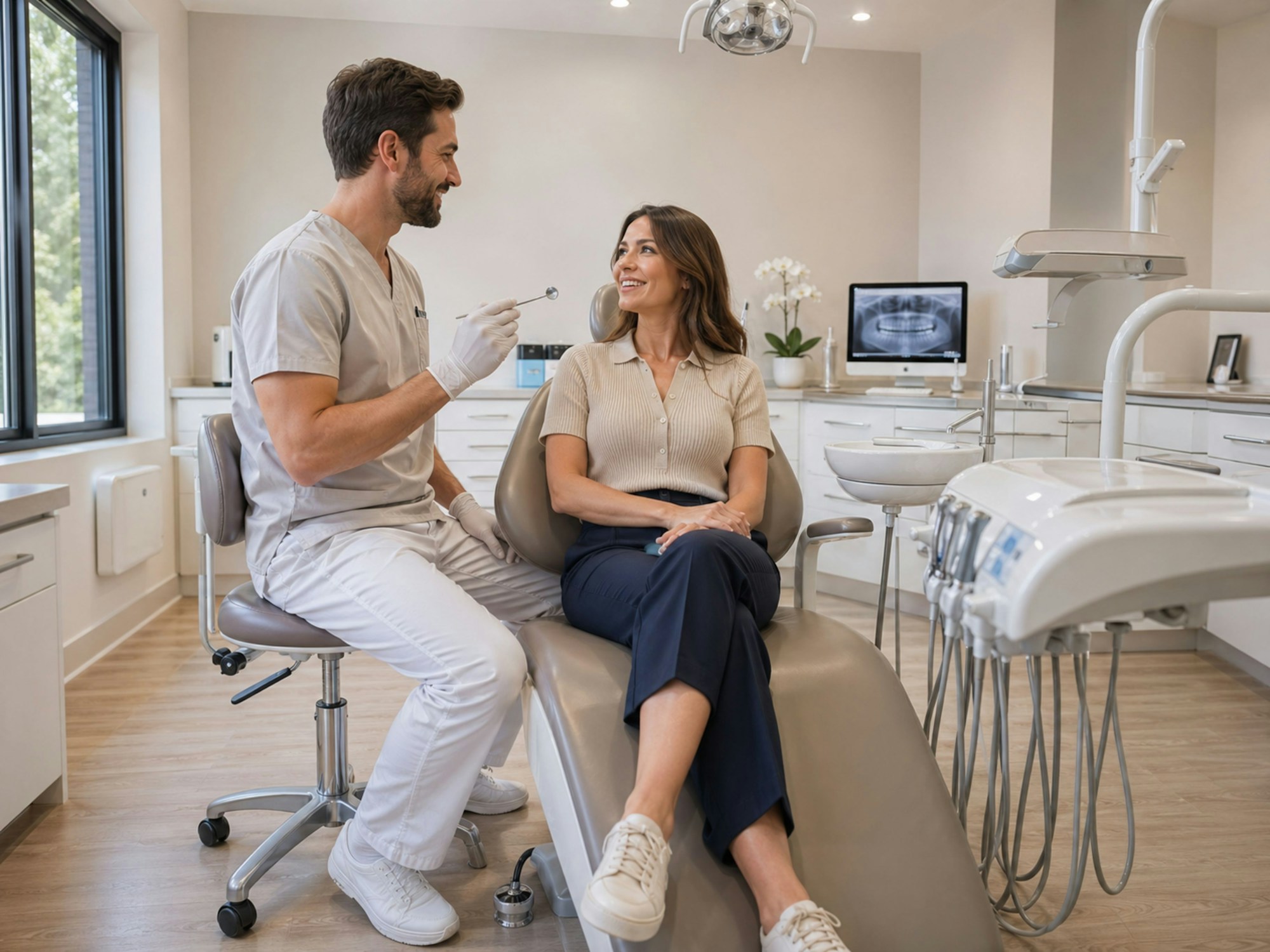 A dentist talking with a patient in a modern dental surgery